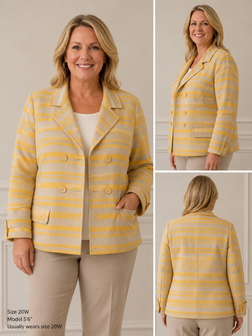Talbots Woman 20W Yellow Beige Striped Double Breasted Blazer Jacket